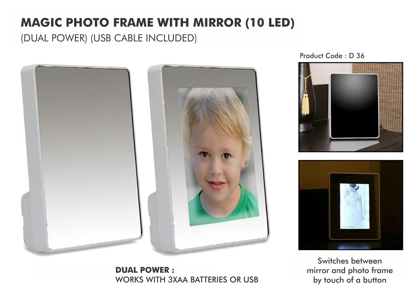 Magic Photo Frame with Mirror (10 LED) (Dual Power) (USB cable included)